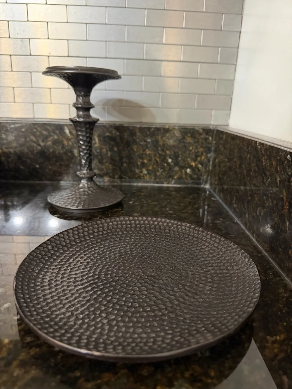 Pottery Barn Dark Brown Cast Iron Candleholder & Candle Plate